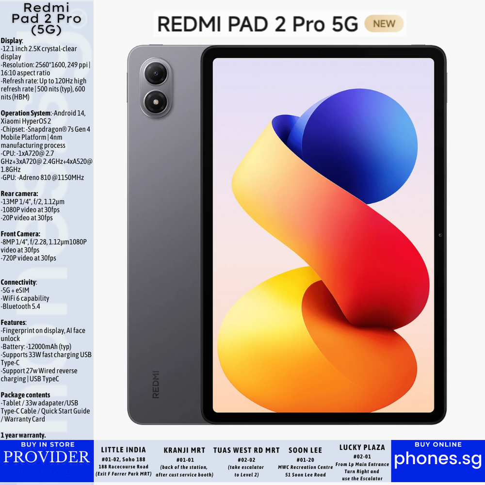Redmi Pad 2 Pro (5G) (12.1-inch/ 8GB/ 256GB) Tablet - Singapore